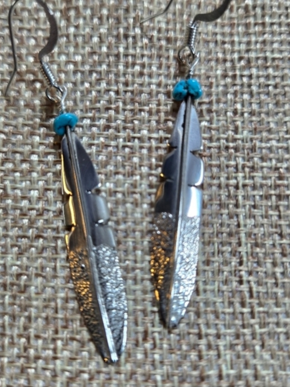 Silver Feather Drop Earrings with Turquoise Accent - Women Jewelry
